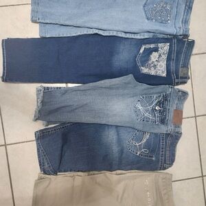 Stylish Blue and Tan Jeans with Embellished Pockets